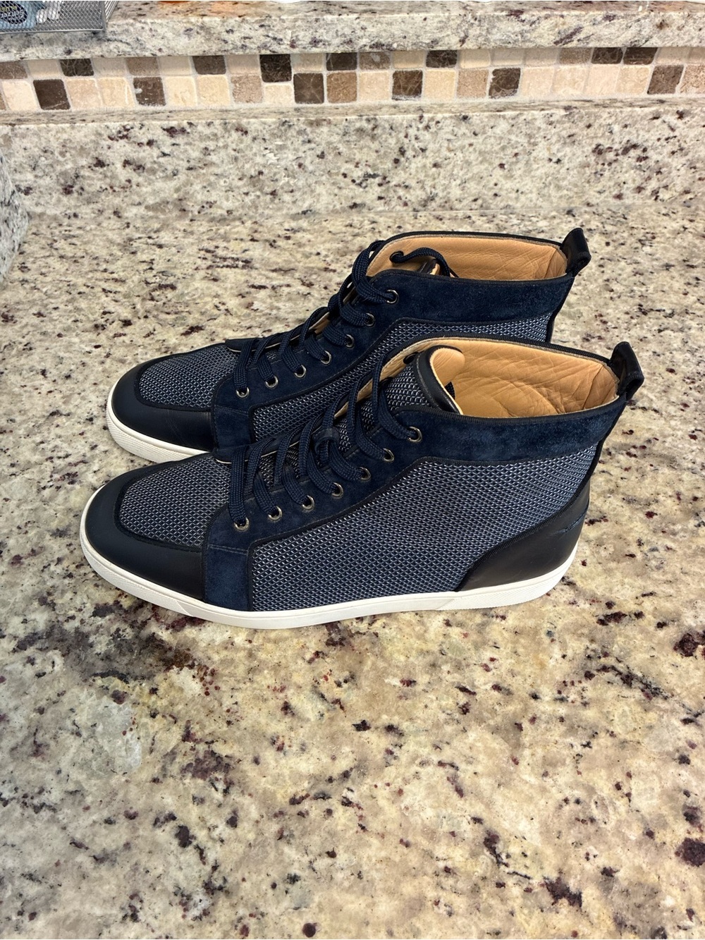 Christian Louboutin Men's Navy Suede and Mesh High-Top Sneakers